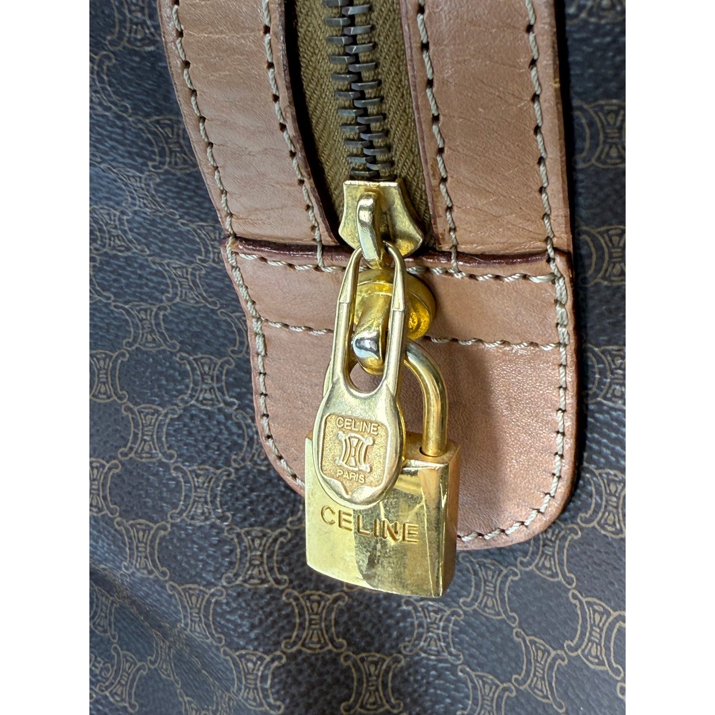 Authentic Celine Macadam Canvas Duffle with Tan Leather Trim