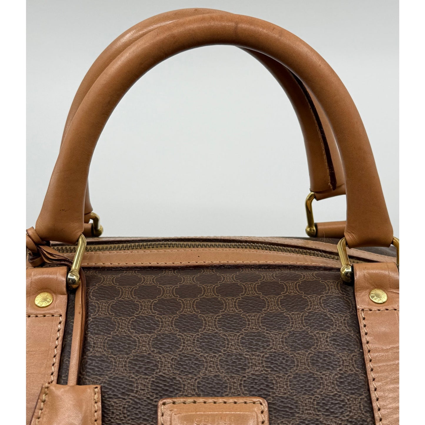 Authentic Celine Macadam Canvas Duffle with Tan Leather Trim