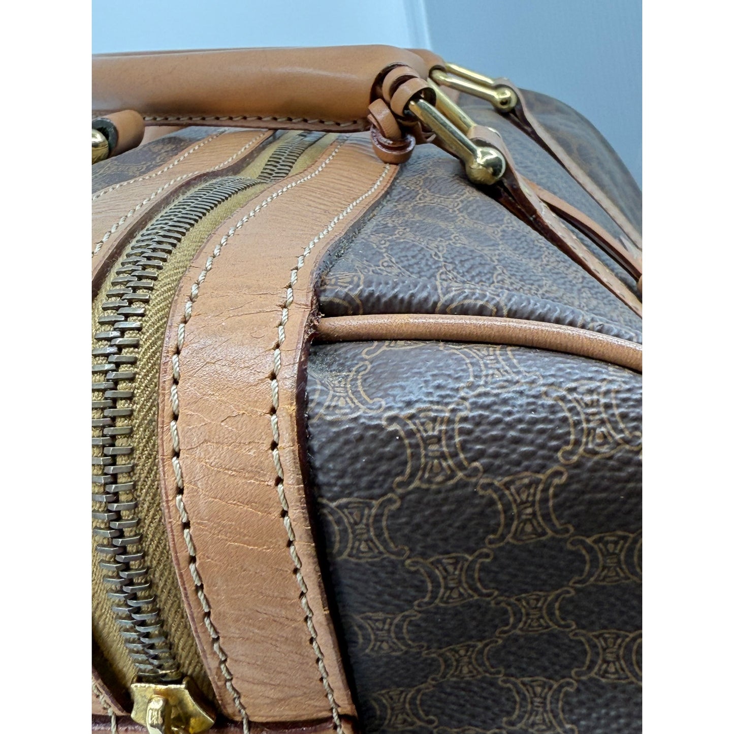 Authentic Celine Macadam Canvas Duffle with Tan Leather Trim