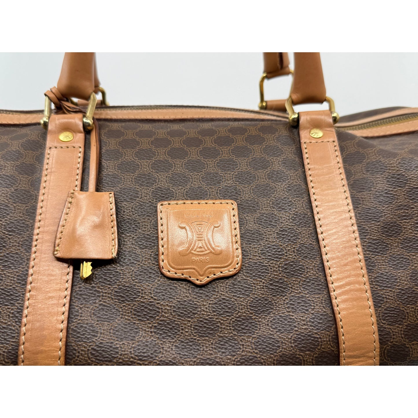 Authentic Celine Macadam Canvas Duffle with Tan Leather Trim