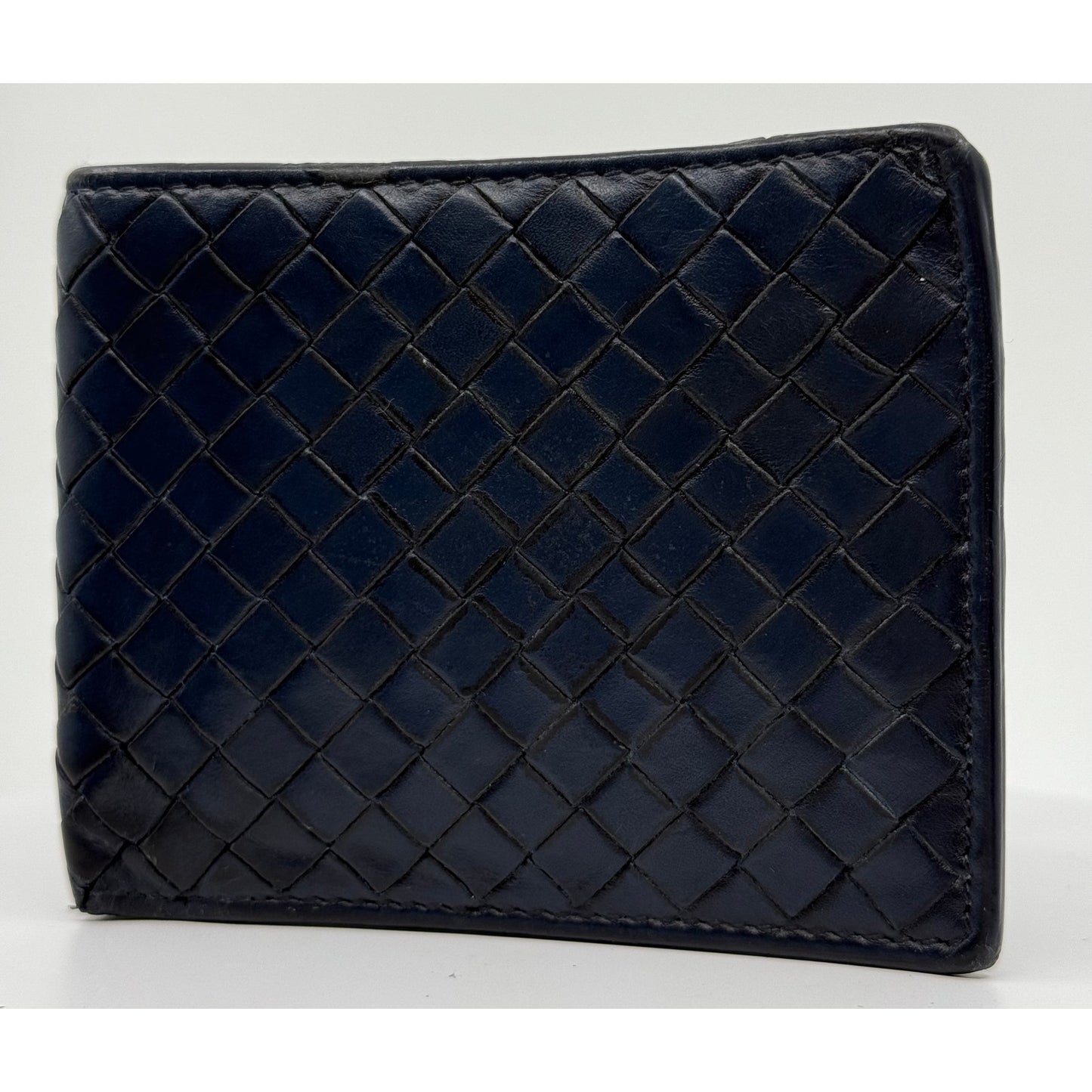 Authentic Bottega Veneta Intrecciato Leather Wallet - Navy Blue