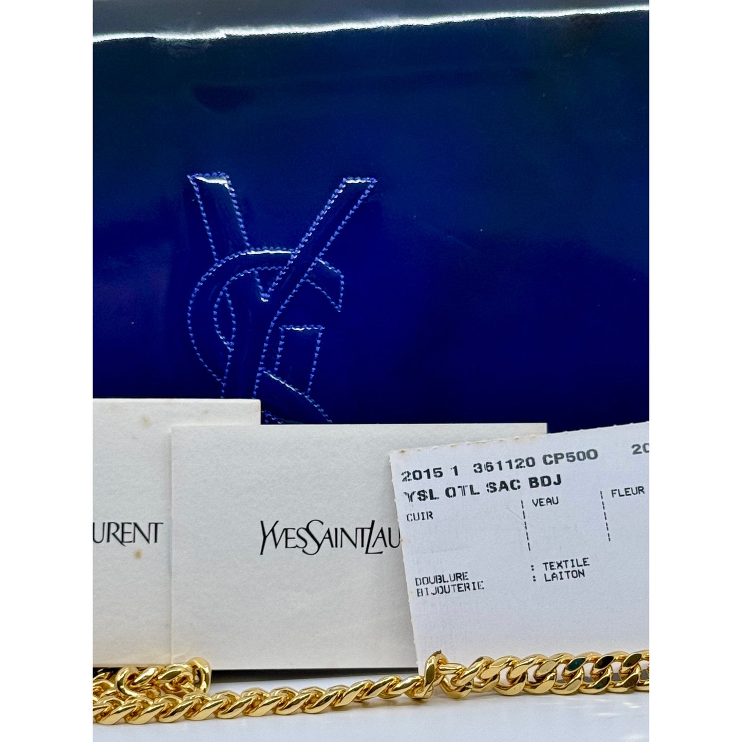 Yves Saint Laurent Blue Patent Leather Clutch with Aftermarket Chain