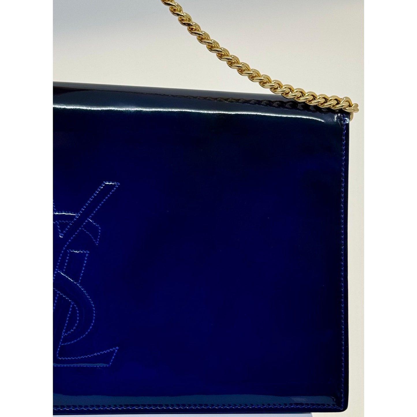 Yves Saint Laurent Blue Patent Leather Clutch with Aftermarket Chain