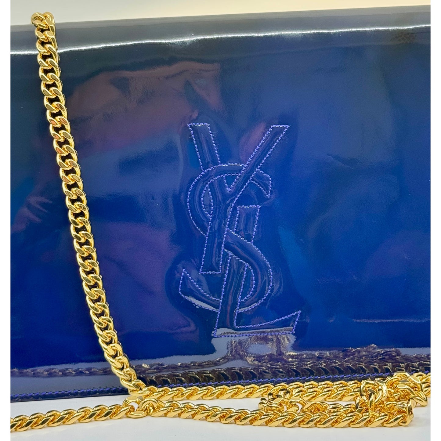 Yves Saint Laurent Blue Patent Leather Clutch with Aftermarket Chain